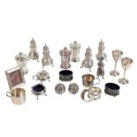 A GROUP OF SILVER COLOURED AND OTHER ITEMS,