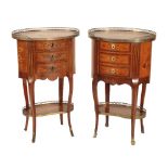 A MATCHED PAIR OF CONTINENTAL WALNUT AND MARQUETRY BEDSIDE TABLES,