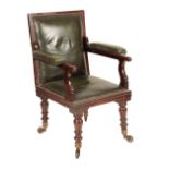 A GEORGE IV OR WILLIAM IV STAINED HARDWOOD AND UPHOLSTERED CAMPAIGN ELBOW CHAIR,