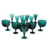 ASSEMBLED SET OF 14 GREEN STEM GLASSES, 19TH CENTURY