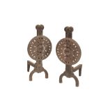 A PAIR OF NORTH AMERICAN CAST AND WROUGHT IRON ANDIRONS IN 17TH CENTURY STYLE,