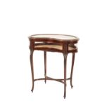 A CARVED AND STAINED HARDWOOD AND GLAZED BIJOUTERIE TABLE,