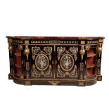 AN ITALIAN, PROBABLY FLORENTINE CARVED HARDSTONE AND GILT METAL MOUNTED EBONISED WOOD CREDENZA,