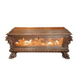 A SUBSTANTIAL AND IMPRESSIVE WALNUT AND MARQUETRY COFFER, PROBABLY AUSTRIAN,