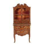 A DUTCH WALNUT, MARQUETRY AND GLAZED CABINET ON CHEST,