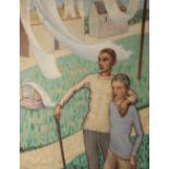 *ANNIE WALKE (1877-1965) Two young boys walking beneath a washing line in a landscape