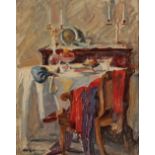 ENGLISH SCHOOL, 20TH CENTURY Interior scene with clothes draped over a chair