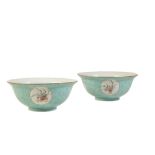 PAIR OF FAUX TURQUOISE-GROUND MEDALLION BOWLS, QIANLONG SEAL MARKS AND OF THE PERIOD