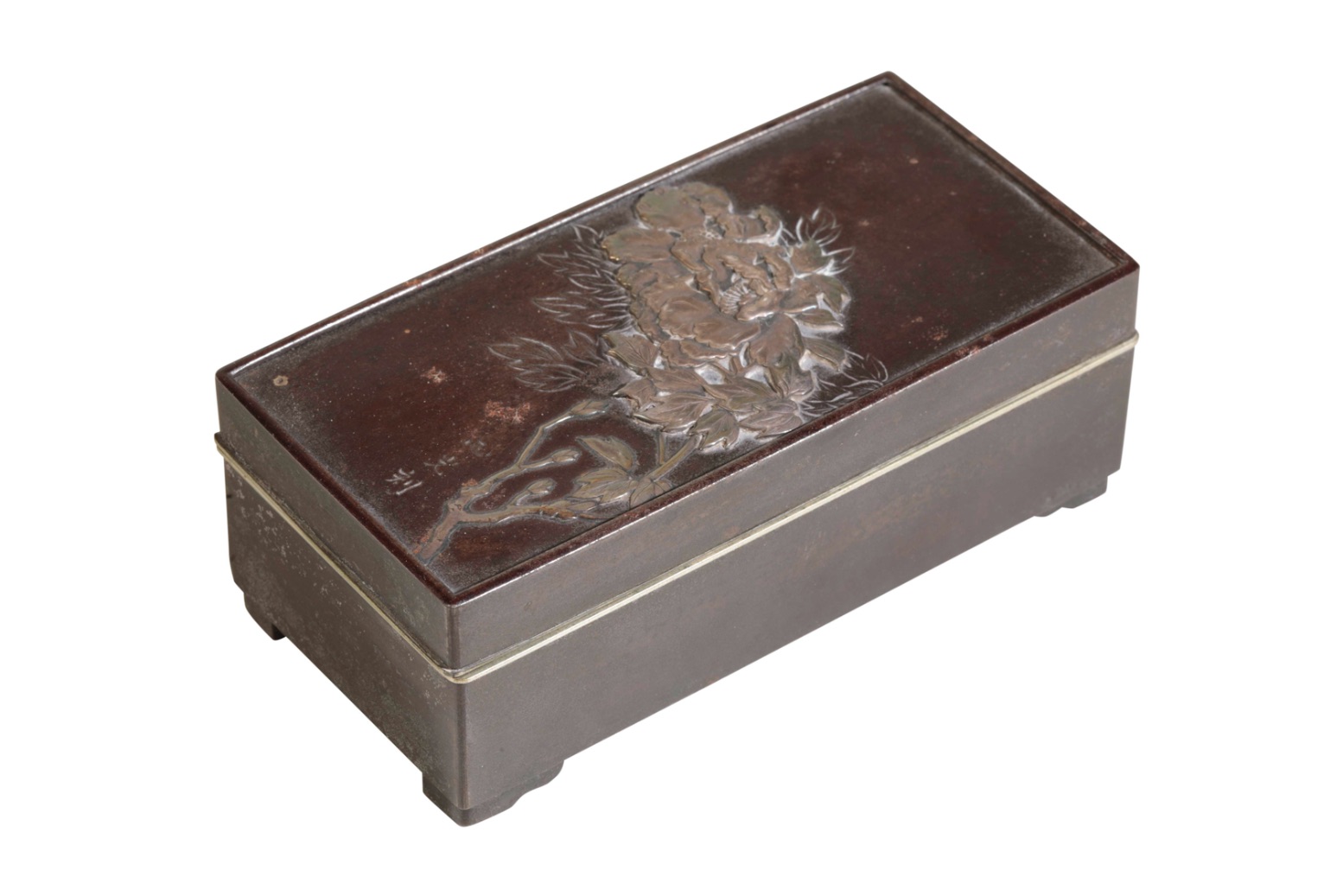 FINE JAPANESE MIXED-METAL BRONZE AND HARDWOOD LINED BOX, SIGNED MASAMITSU, MEIJI PERIOD