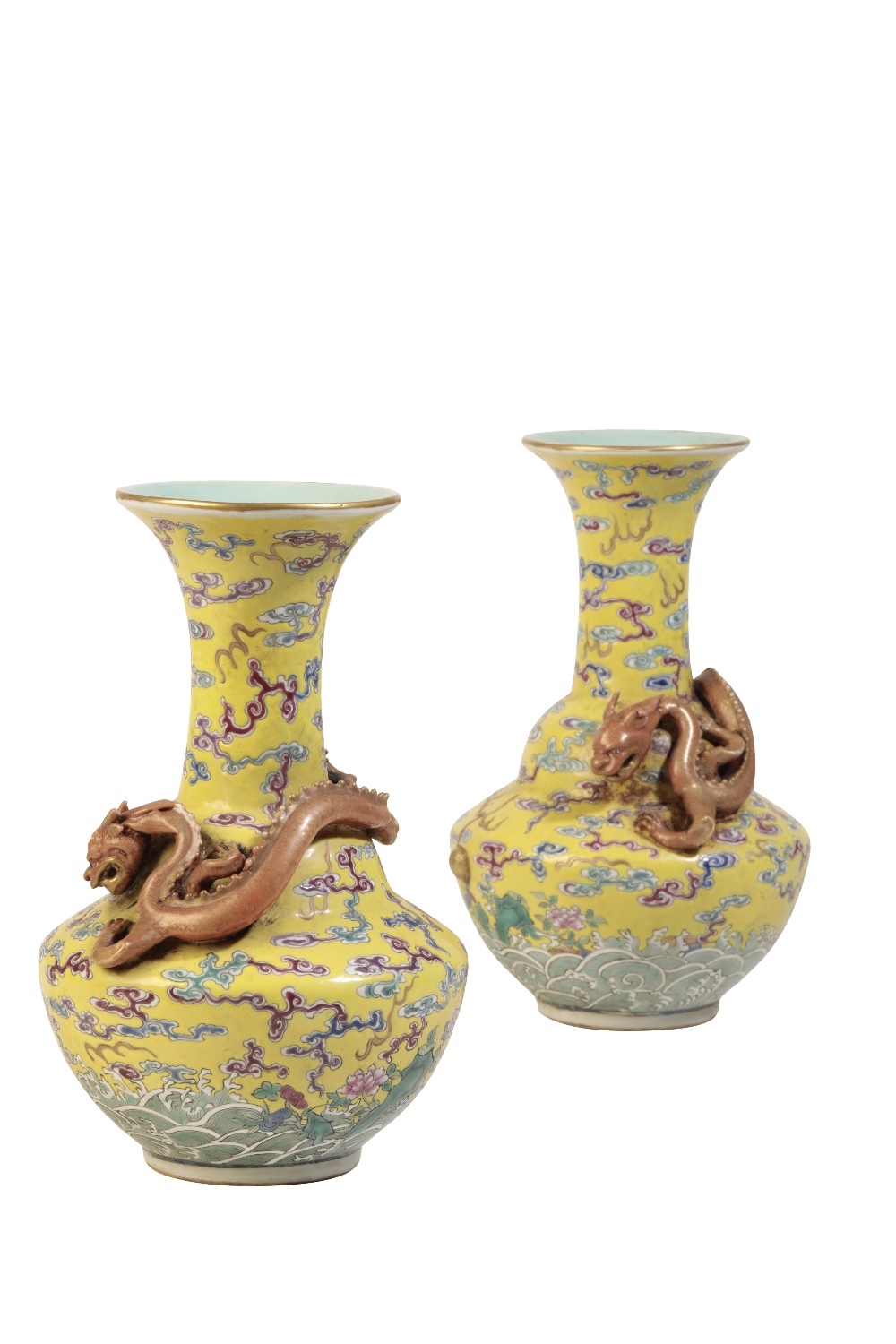 PAIR OF FAMILLE ROSE YELLOW-GROUND VASES, QIANLONG SEAL MARKS BUT 19TH CENTURY - Image 2 of 4