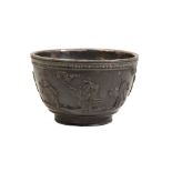 CARVED BAMBOO AND SILVER MOUNTED 'EIGHT IMMORTALS' TEA BOWL, KANGXI PERIOD