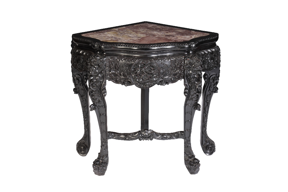 CARVED 'BLACKWOOD' CORNER 'FIVE-LEGGED' TABLE, QING DYNASTY, 19TH CENTURY