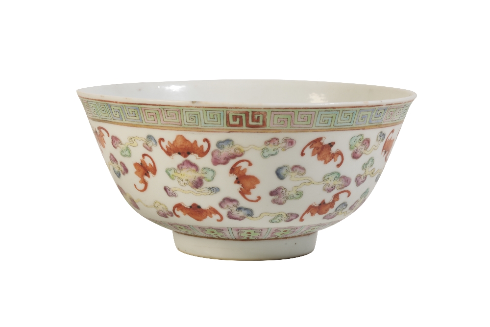 FAMILLE ROSE 'BATS AND CLOUDS' BOWL, GUANGXU SIX CHARACTER MARK AND OF THE PERIOD