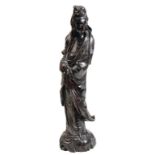 CARVED ROSEWOOD WOOD AND SILVER INLAID FIGURE OF GUANYIN, QING DYNASTY, 18TH / 19TH CENTURY