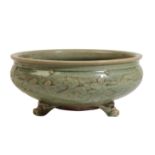 LARGE CELADON-GLAZE TRIPOD CENSER, MING DYNASTY OR LATER