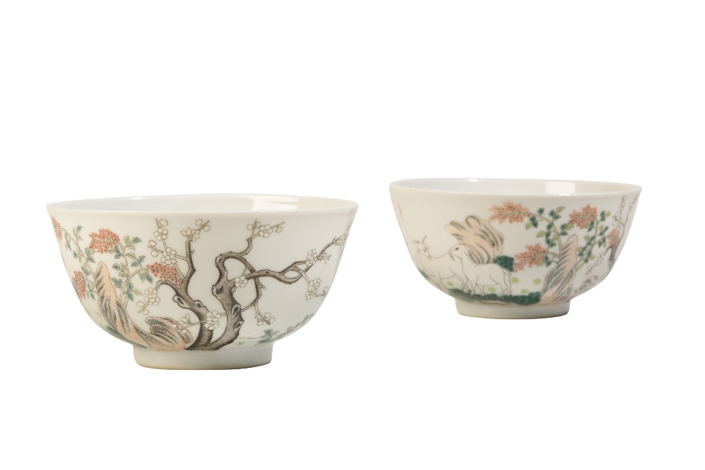 PAIR OF FAMILLE-VERTE 'THREE RAMS' BOWLS, DAOGUANG SEAL MARKS BUT LATER QING DYNASTY