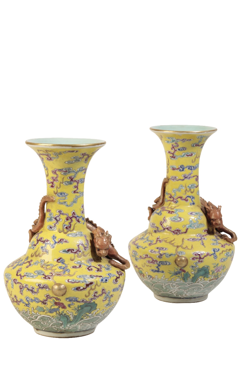 PAIR OF FAMILLE ROSE YELLOW-GROUND VASES, QIANLONG SEAL MARKS BUT 19TH CENTURY - Image 3 of 4