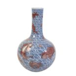 IRON-RED DECORATED BLUE AND WHITE 'FISH' BOTTLE VASE, QIANLONG SEAL MARK AND OF THE PERIOD
