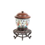 CLOISONNE WINE CUP WITH HARDWOOD COVER AND STAND, GUANGXU PERIOD