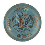 CLOISONNE ENAMEL TURQUOISE-GROUND POLYCHROME CIRCULAR DISH, MING DYNASTY, EARLY 17TH CENTURY