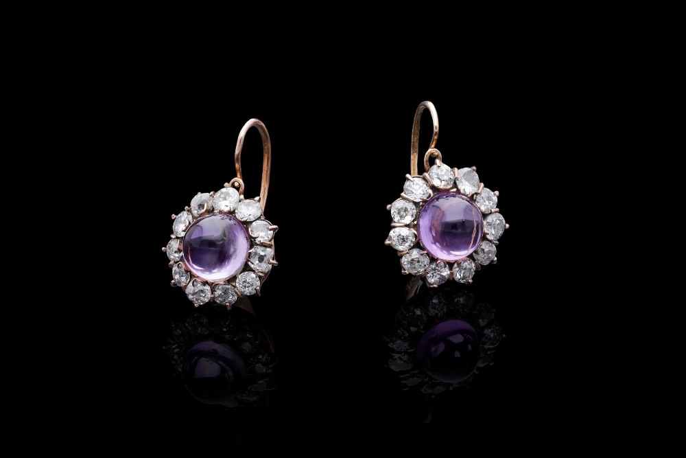 A PAIR OF VICTORIAN AMETHYST AND DIAMOND CORONET CLUSTER DROP EARRINGS