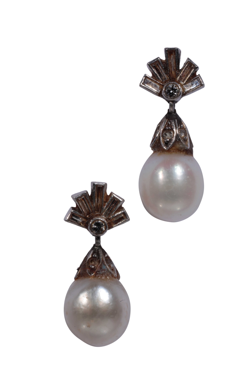 A PAIR OF DIAMOND AND CULTURED PEARL EARRINGS