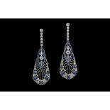 A PAIR OF CALIBRE CUT SAPPHIRE AND DIAMOND ART DECO DROP EARRINGS