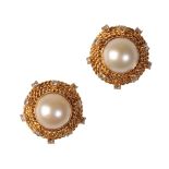 A PAIR OF PEARL AND DIAMOND EAR STUDS