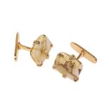 A PAIR OF RECTANGULAR WHITE QUARTZ TABLET CUFFLINKS CONTAINING THICK VEINS OF GOLD