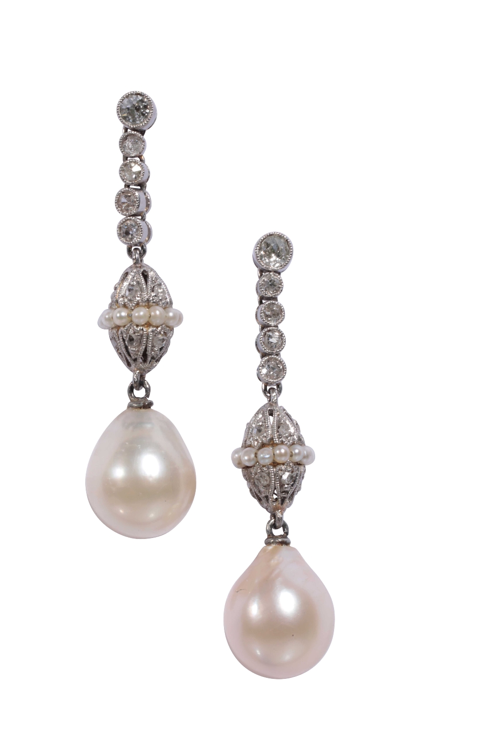 A PAIR OF DIAMOND AND CULTURED PEARL EARRINGS