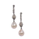 A PAIR OF DIAMOND AND CULTURED PEARL EARRINGS