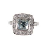 AN ART DECO STYLE RING AQUAMARINE AND DIAMOND RING