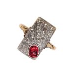AN ART DECO DIAMOND AND RUBY RING