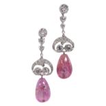 A PAIR OF DIAMOND AND RUBY DROP EARRINGS