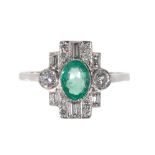 AN ART DECO STYLE EMERALD AND DIAMOND RING