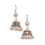 A PAIR OF GOLD AND PEARL CHANDELIER EARRINGS