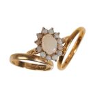 AN OPAL CLUSTER RING AND TWO WEDDING BANDS