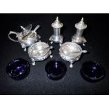 A PAIR OF VICTORIAN SILVER SALTS, and a silver cruet set (c.14.5oz)