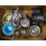 A COLLECTION OF SILVER PLATED ITEMS, including a tea set and a wirework bon bon basket with blue