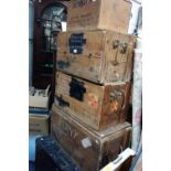 A VINTAGE DEWAR'S WHISKY CRATE, three other packing crates and a painted trunk