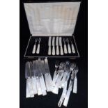 MOTHER-OF-PEARL HANDLED DESSERT KNIVES, including a set in a fitted case