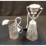 A CONTINENTAL SILVER MARRIAGE / BRIDAL CUP, 13cm high, and a silver cream jug (c.4.8oz)