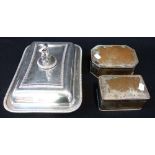 A SILVER PLATED SERVING DISH AND COVER and two 19th century silver plated on copper boxes