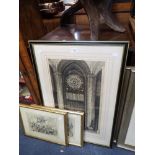 E SHAPLAND: 'Notre Dame Cathedral Paris', etching and two 19th century satirical prints drawn by