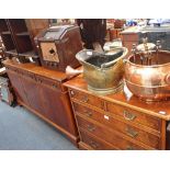 A PAIR OF REPRODUCTION BEDSIDE CABINETS and a similar sideboard and A REPRODUCTION FIGURED WALNUT
