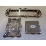 A SILVER ENGINE TURNED CIGARETTE CASE, silver pen tray and silver dish (c.5.3oz) (3)