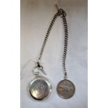 A GENTLEMAN'S SILVER CASED POCKET WATCH, attached to a silver fob chain with USA one dollar coin