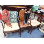 A GEORGE III MAHOGANY HALL CHAIR with oval panel back and a pair of Chinese style armchairs