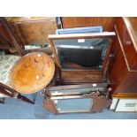 A MAHOGANY WINE TABLE, two dressing table mirrors, a painted hanging cupboard, a small corner
