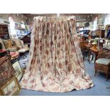 TWO PAIRS OF LONG LINED CURTAINS, in a gold 'lurex' style material and burgandy red floral